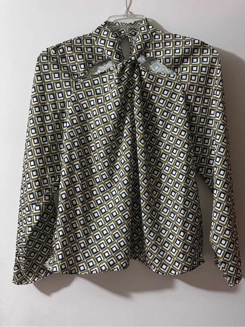MOTF Geometric Tie-Neck Blouse in Olive, Black & Cream